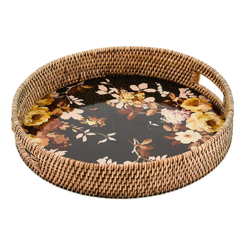 Wild Rose Brown Enamel & Rattan Round Serving Tray