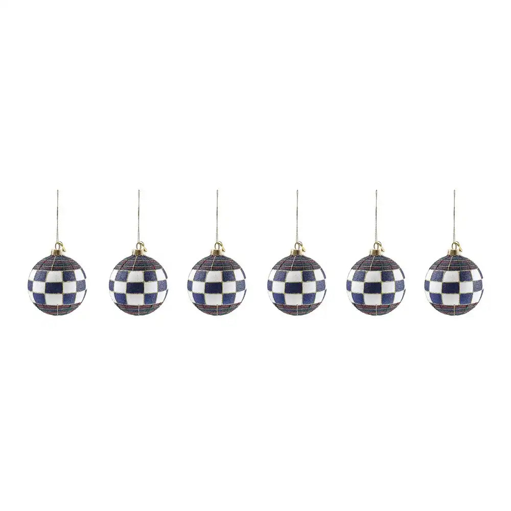 Navy Tartan Glass Ball Ornaments, Set of 6