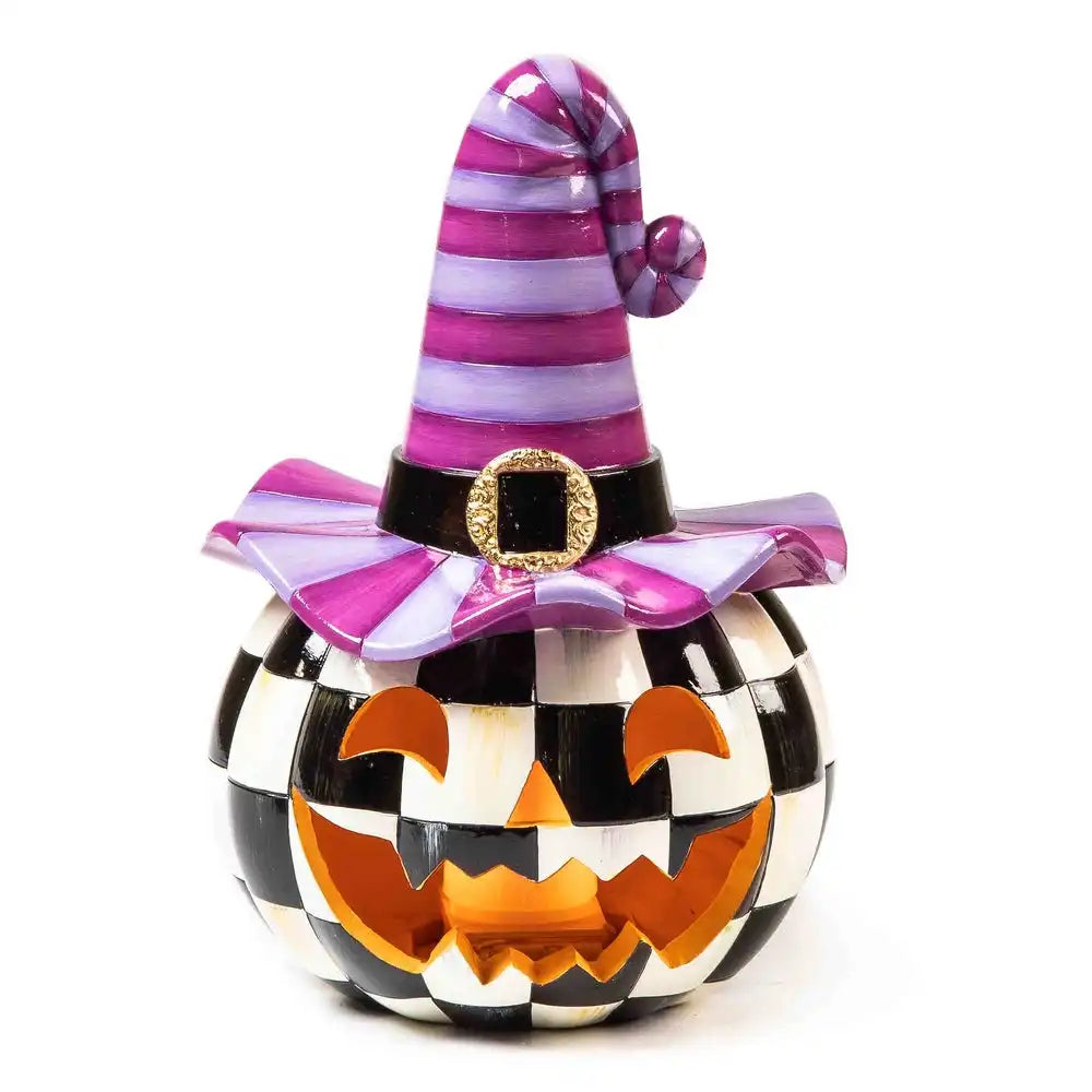 Illuminated Happy Jack Pumpkin with Purple Hat
